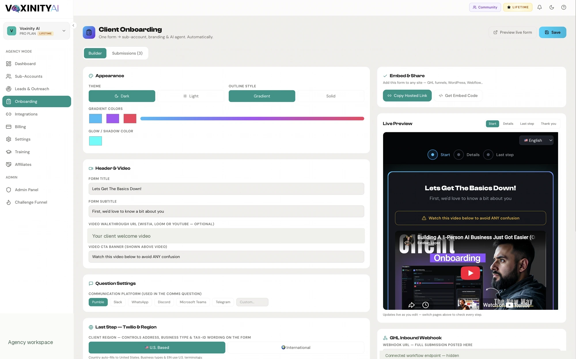 Voxinity client onboarding builder with brand controls and form preview