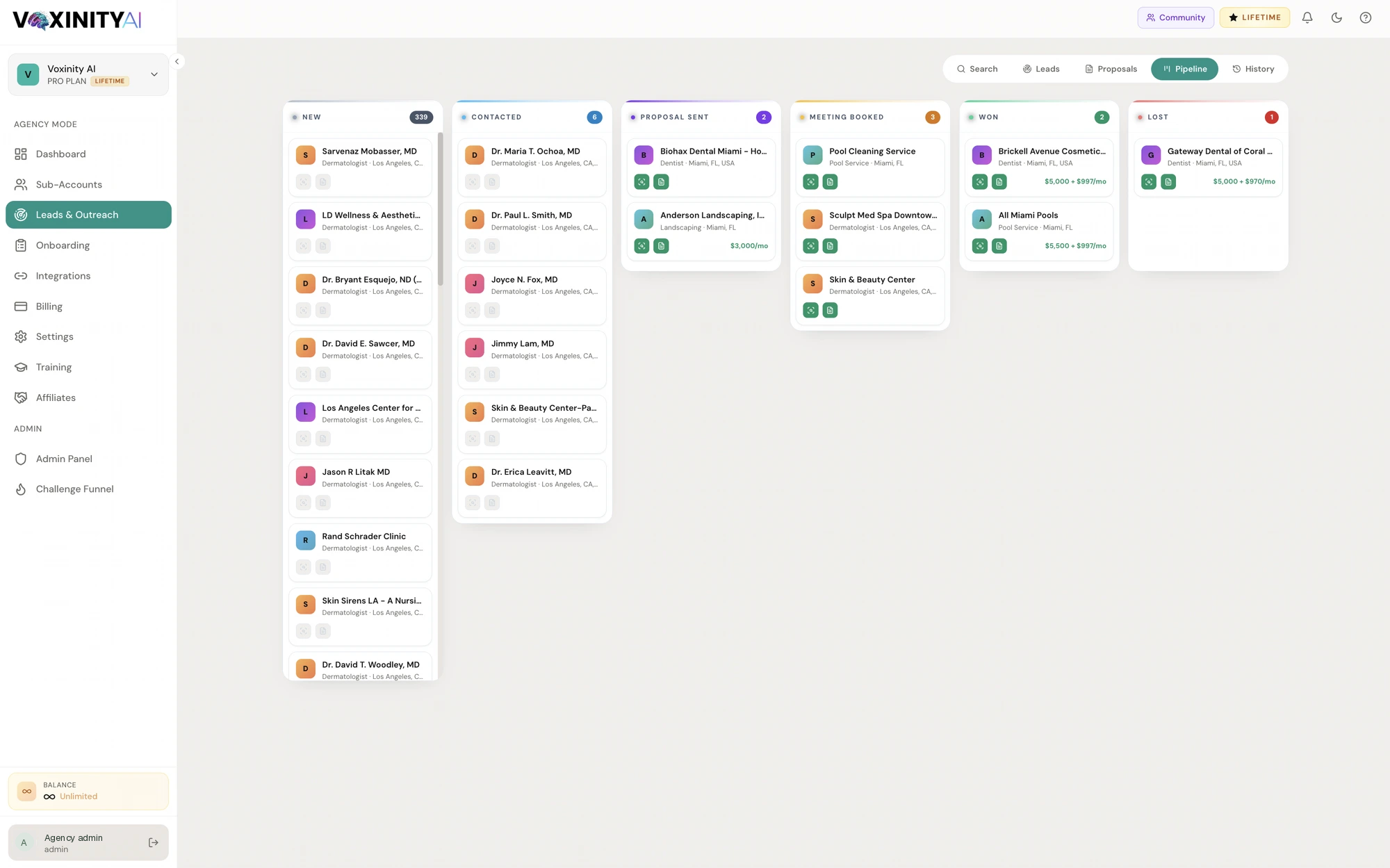 Voxinity Leads & Outreach pipeline with New, Contacted, Proposal Sent, Meeting Booked, Won and Lost columns
