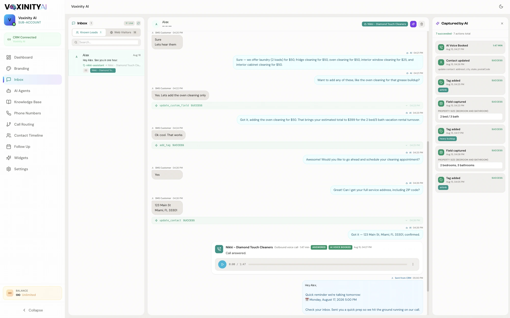 Voxinity messaging inbox with customer conversation, call recording and AI-captured contact actions