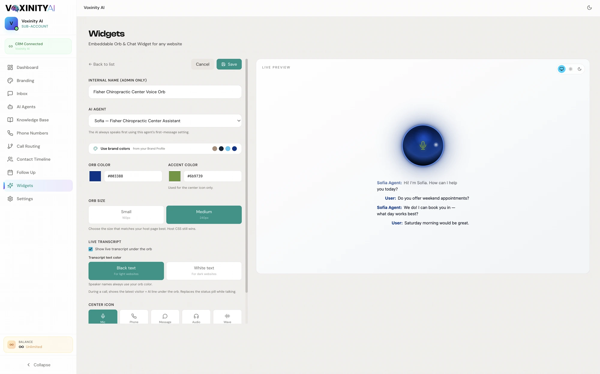 Voxinity voice orb editor with Fisher Chiropractic Center branding, orb colour and live transcript preview