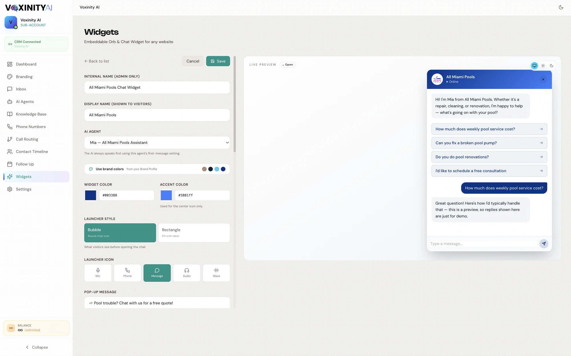 Voxinity chat widget editor with All Miami Pools branding, suggested questions and conversation preview