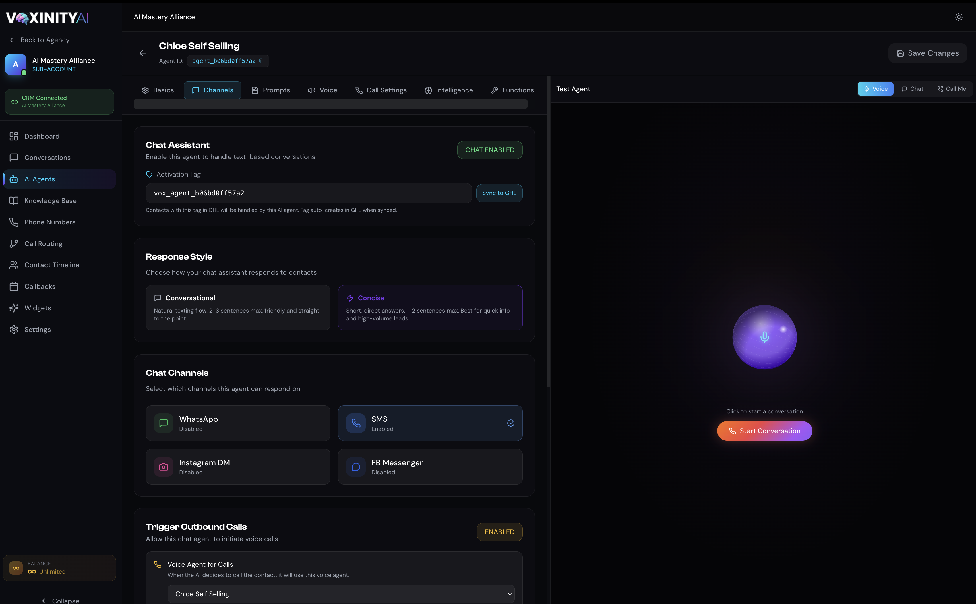 Voxinity Agent Editor — Channels tab showing Chat Assistant enabled, the auto-generated Activation Tag with Sync to LeadConnector button, Response Style cards, and Chat Channels grid