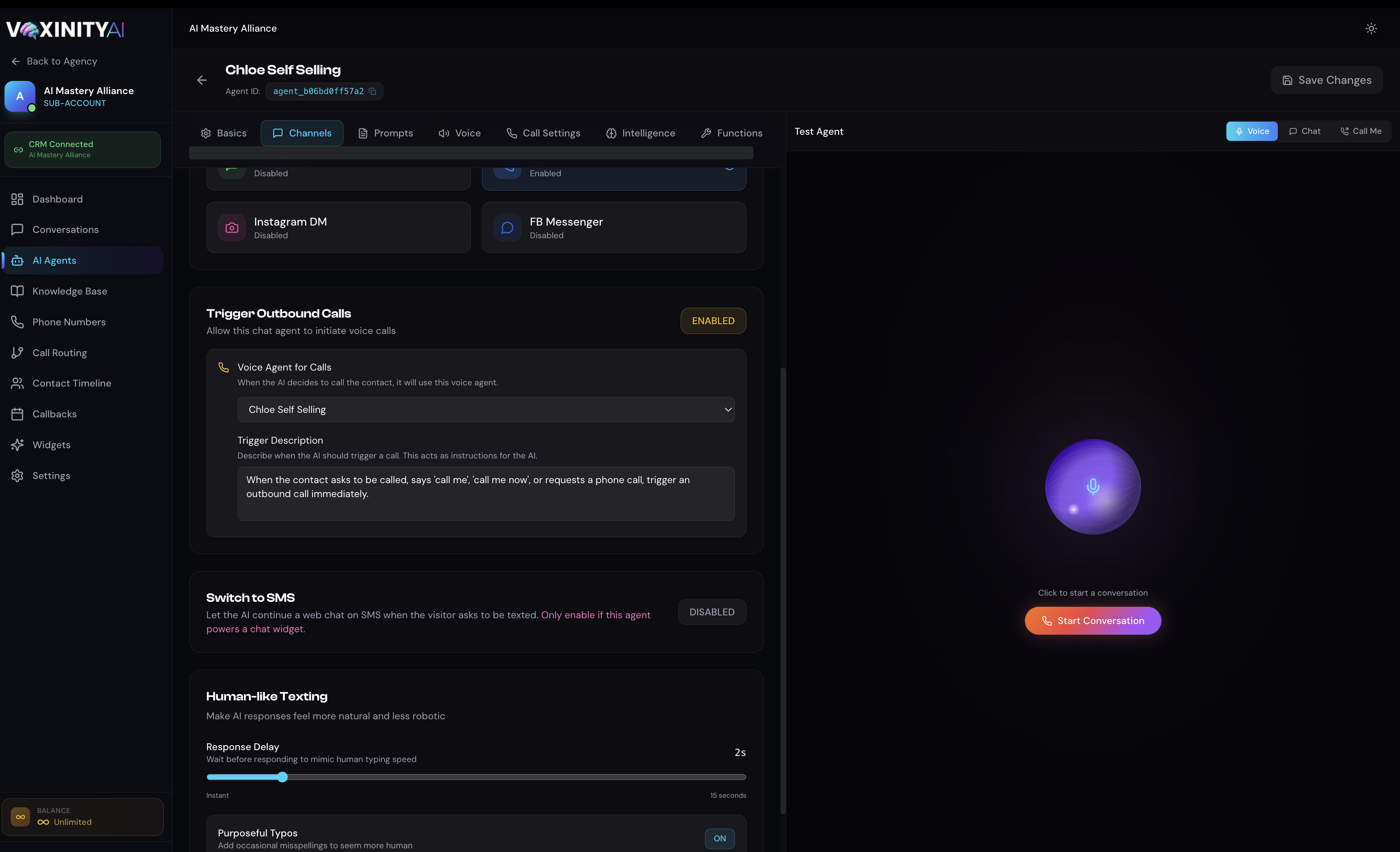 Voxinity Agent Editor — Trigger Outbound Calls section with voice agent dropdown and trigger description textarea, Switch to SMS card, and Human-like Texting controls