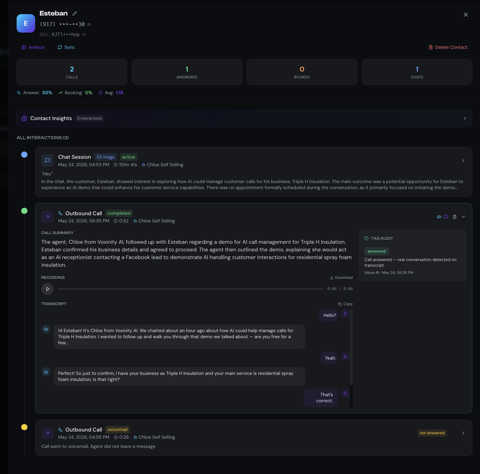 Contact Timeline showing Esteban's record with 2 calls, 1 answered, 0 booked, 1 chat, an Outbound Call with TAG AUDIT card displaying the 'answered' tag explaining 'Call answered — real conversation detected on transcript', plus a voicemail call below with 'not answered' badge