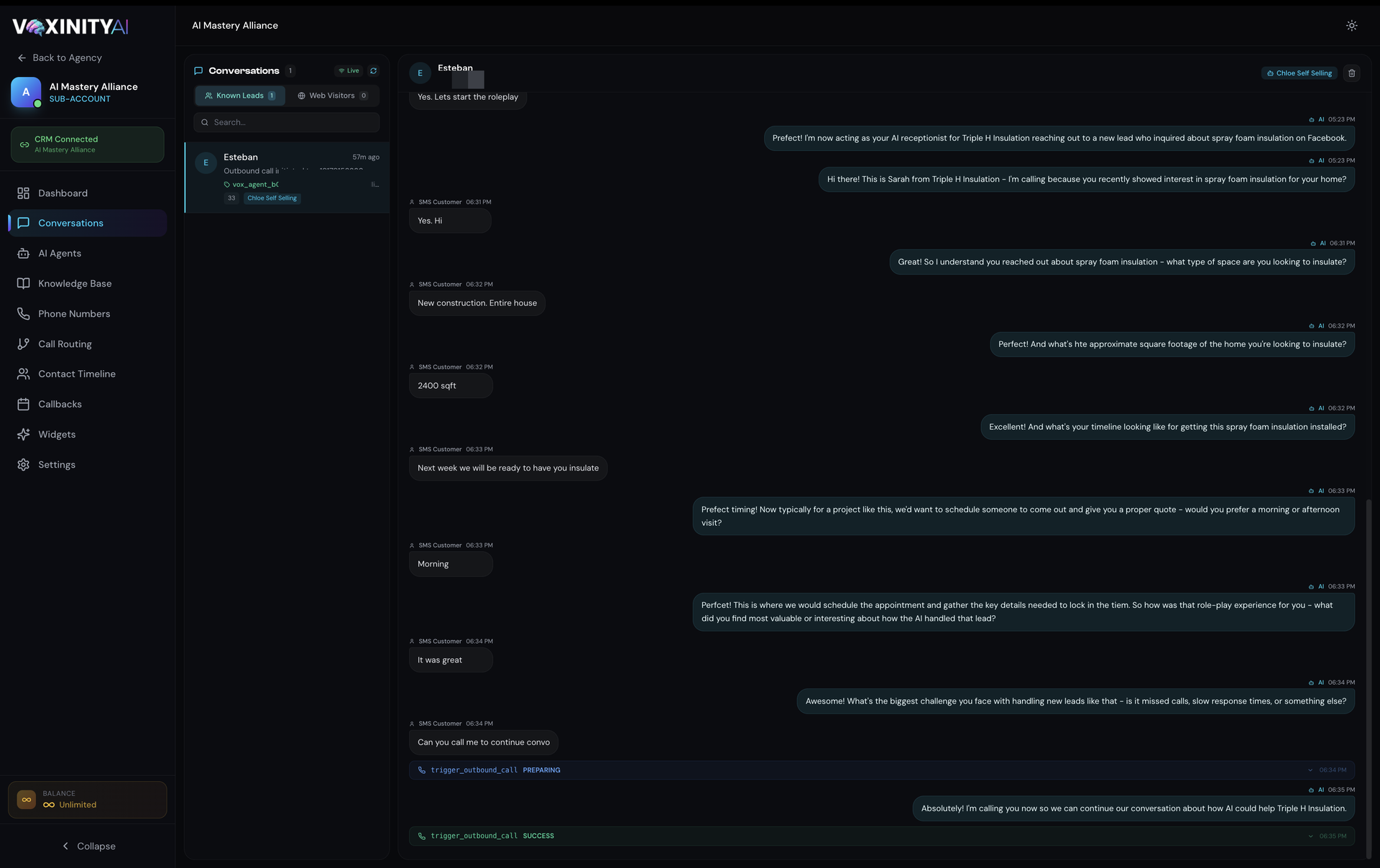 Voxinity Conversations page — full thread with SMS Customer bubbles on the left, AI replies on the right, tool-call badges for trigger_outbound_call PREPARING → SUCCESS inline, plus the Tag Audit chip in the conversation list card