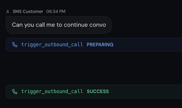 Close-up of the trigger_outbound_call PREPARING and SUCCESS badges that appear inline in the Conversations thread after the AI decides to dial the lead