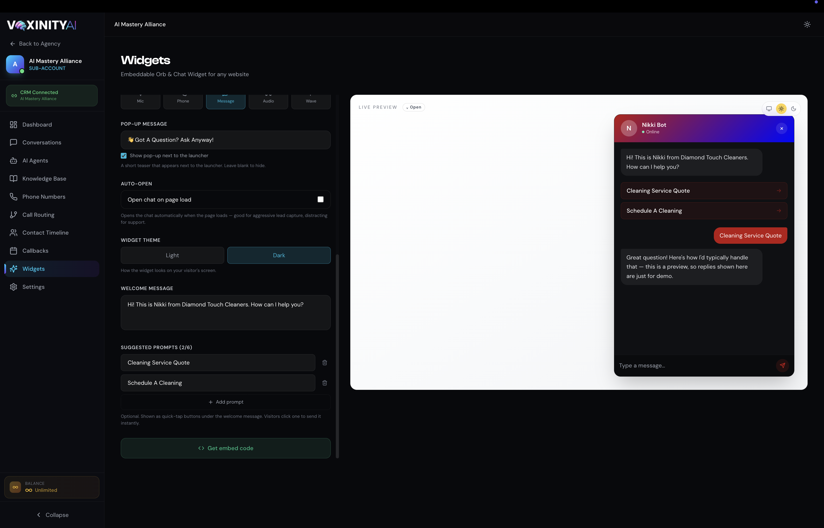 Widget editor bottom half — Pop-up Message, Auto-Open toggle, Widget Theme Light/Dark, Welcome Message, Suggested Prompts list, and Get embed code button
