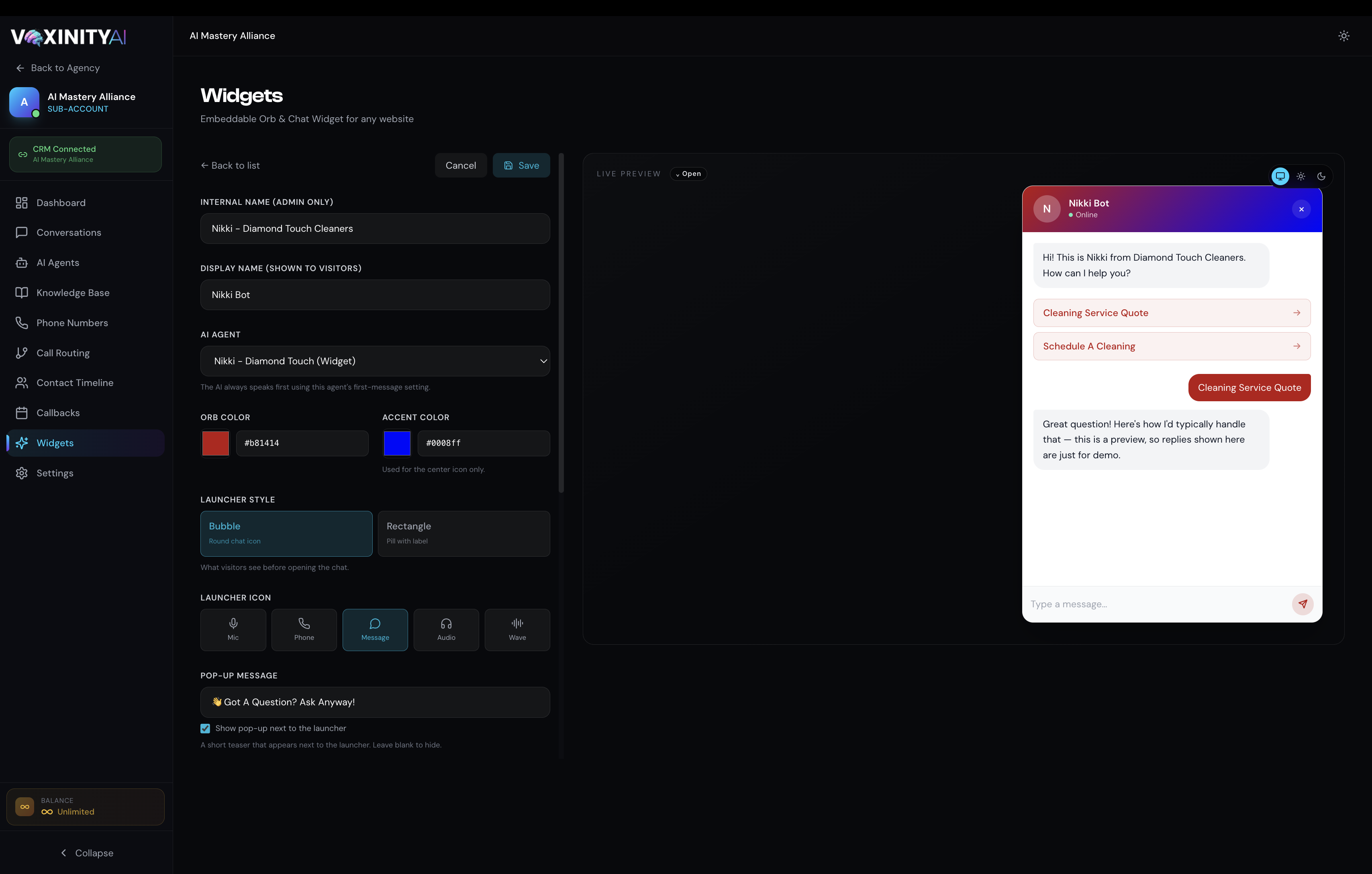 Widget editor top half — Internal Name, Display Name, AI Agent selector, Orb Color + Accent Color, Launcher Style (Bubble vs Rectangle), Launcher Icon row
