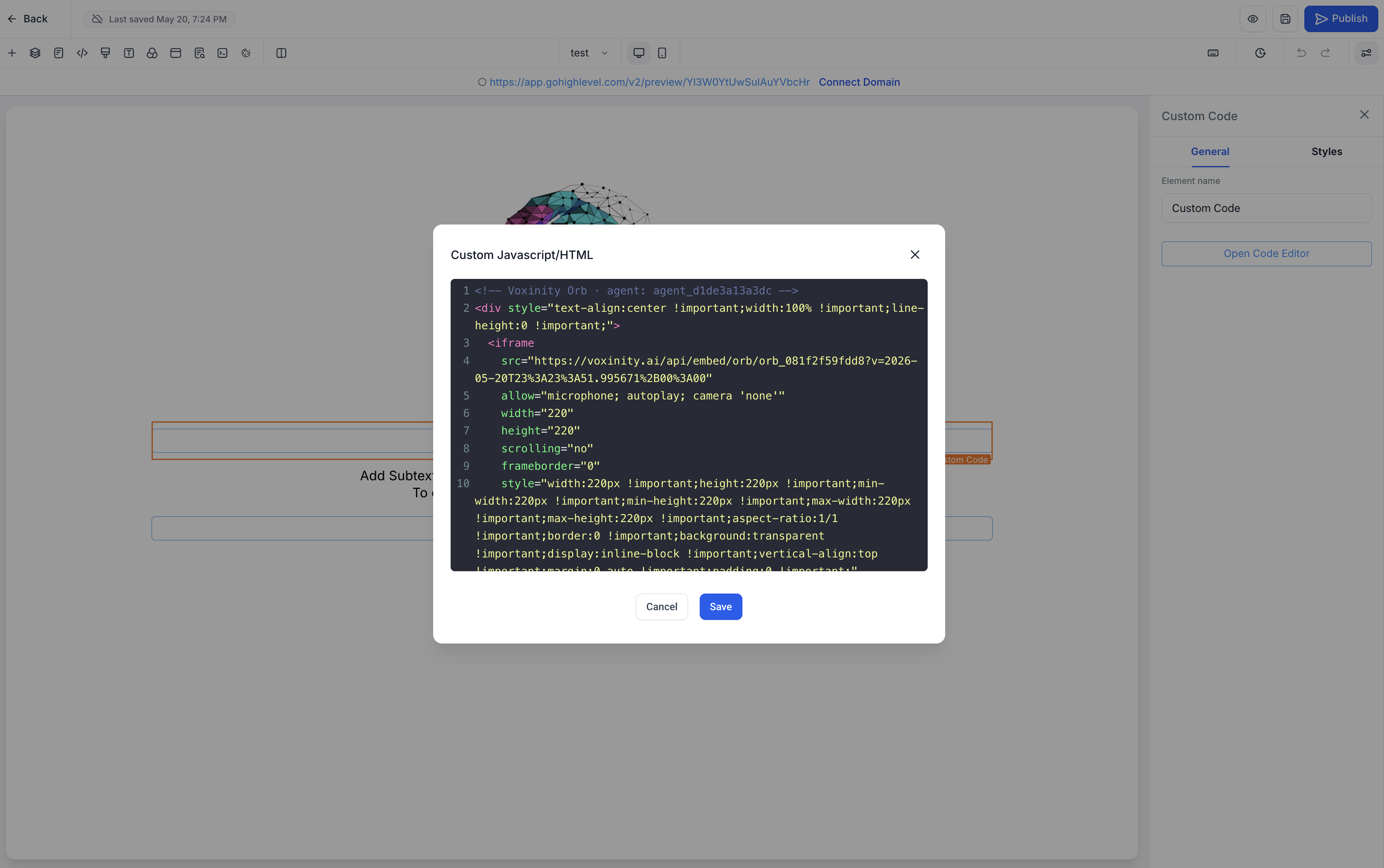 LeadConnector page builder showing the Custom Javascript/HTML modal with the Voxinity widget script pasted in